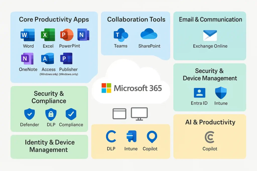 What is Microsoft 365? A Complete Beginner’s Guide 3 Infographic showing all major Microsoft 365 apps and services grouped into categories such as Core Productivity Apps, Collaboration Tools, Email & Communication, Security & Compliance, Identity & Device Management, and AI & Productivity.