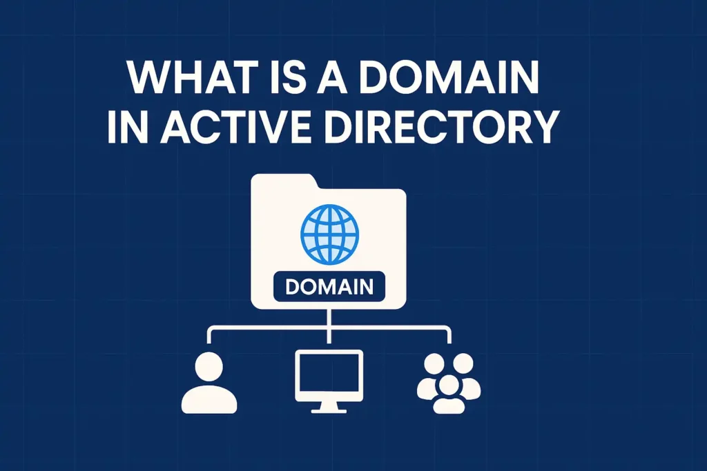 What Is a Domain in Active Directory? A Complete Beginner-Friendly Guide 1 Diagram illustrating what is a domain in Active Directory, showing a domain folder icon connected to user, computer, and group symbols on a blue grid background
