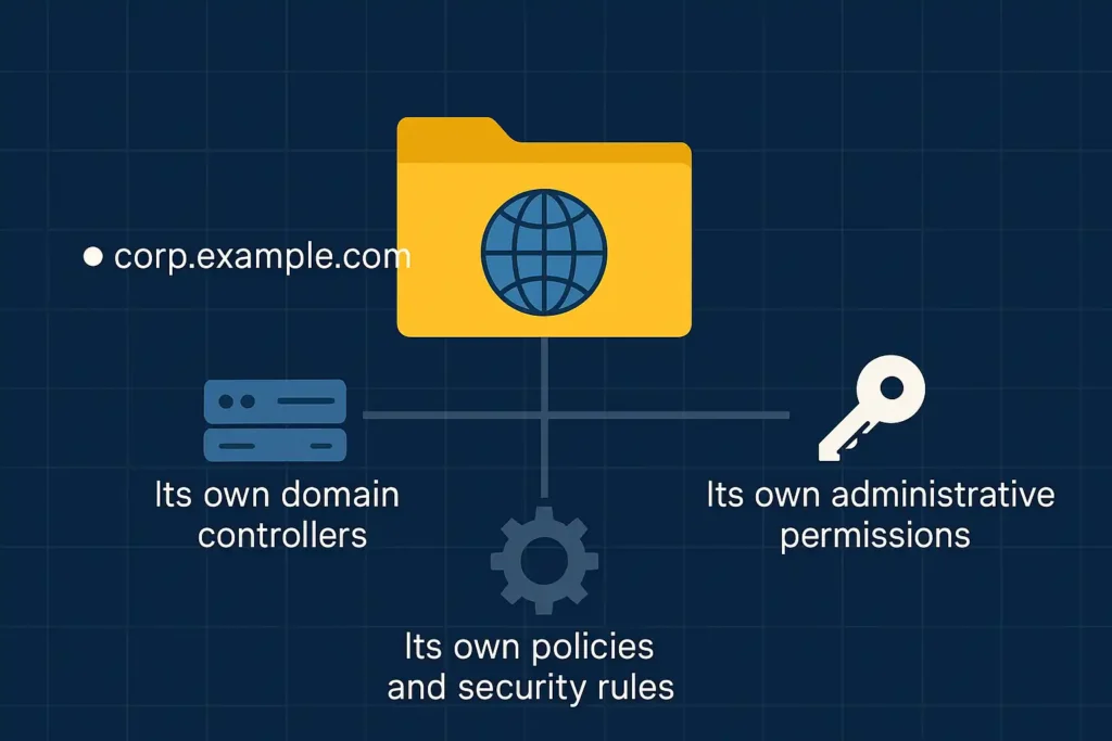 What Is a Domain in Active Directory? A Complete Beginner-Friendly Guide 2 Infographic showing a domain in Active Directory with a yellow domain folder, DNS name corp.example.com, and icons representing domain controllers, administrative permissions, and security policies.