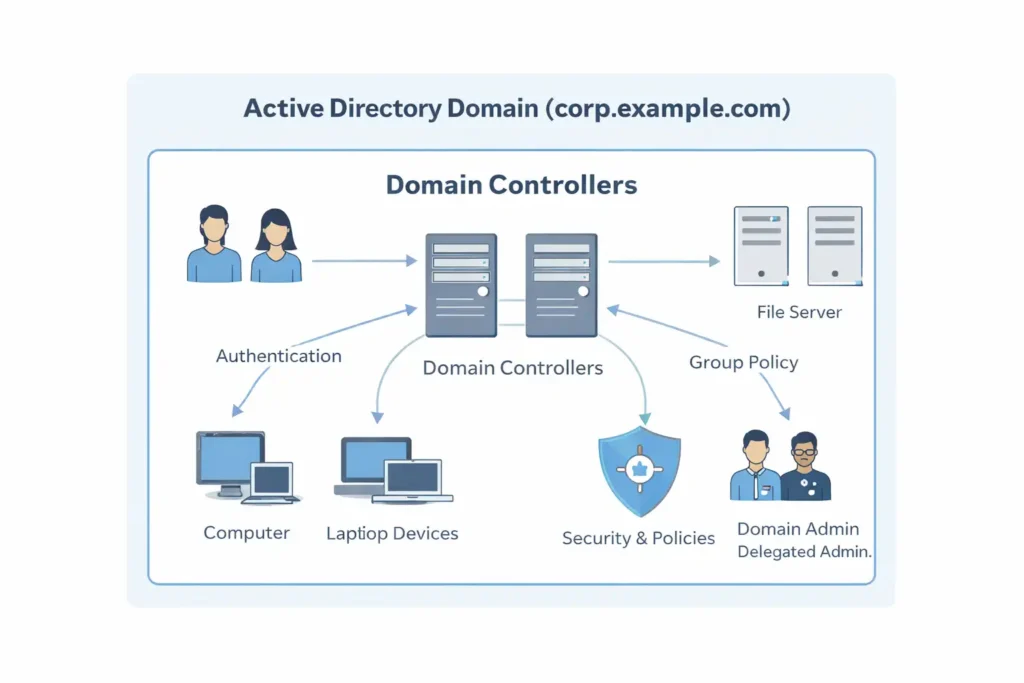 What Is a Domain in Active Directory? Explained for Beginners 3 Active Directory domain diagram showing DNS namespace, domain controllers, authentication, and security policies