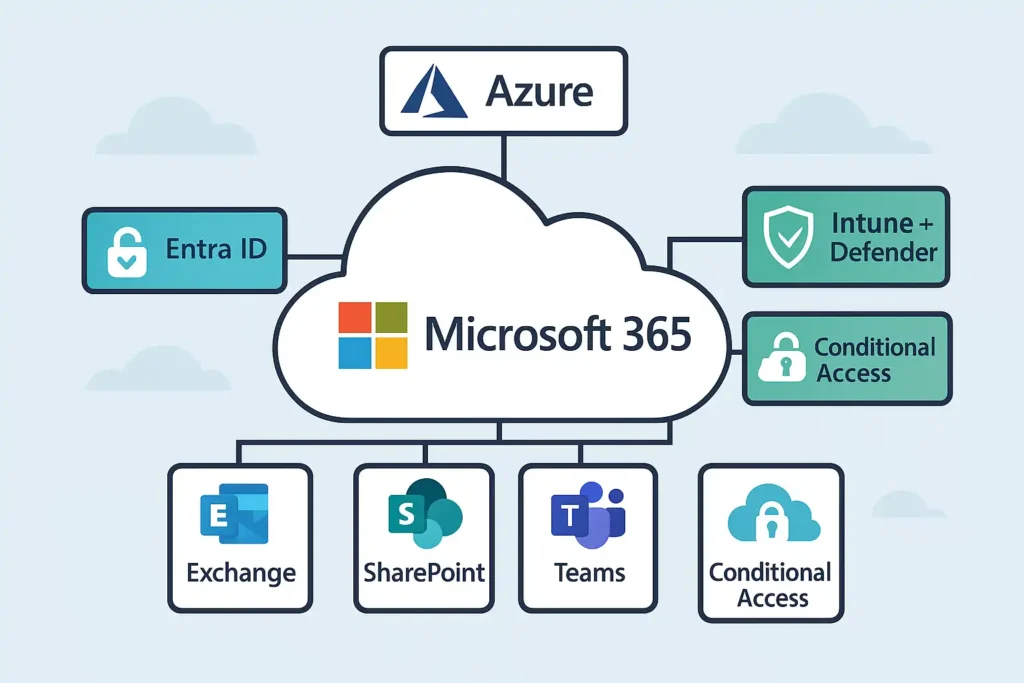 What is Microsoft 365? A Complete Beginner’s Guide 4 Microsoft 365 architecture diagram showing Azure cloud foundation, Entra ID identity management, service-specific storage, Intune device management, Defender security, and Conditional Access.