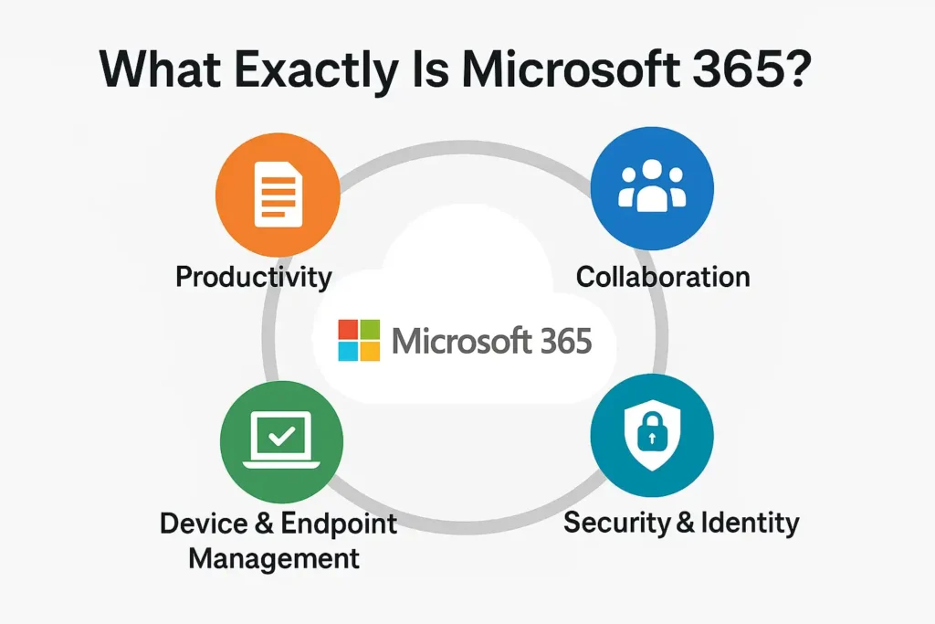What is Microsoft 365? A Complete Beginner’s Guide 2 Microsoft 365 infographic showing its four core pillars: productivity, collaboration, security and identity, and device and endpoint management, arranged around the Microsoft 365 cloud logo.