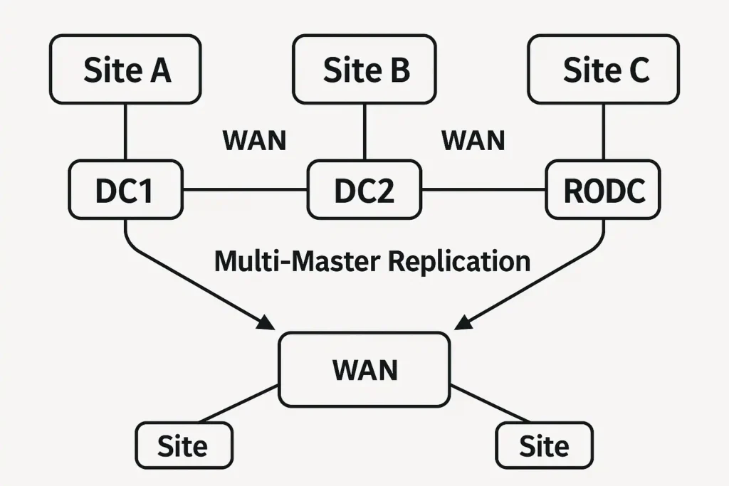 Diagram showing AD Sites A, B, and C connected over WAN links with DC1, DC2, and an RODC, including multi-master replication between the writable domain controllers.