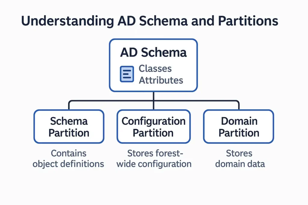 Diagram explaining Active Directory schema and its three partitions: schema, configuration, and domain, with classes and attributes at the top