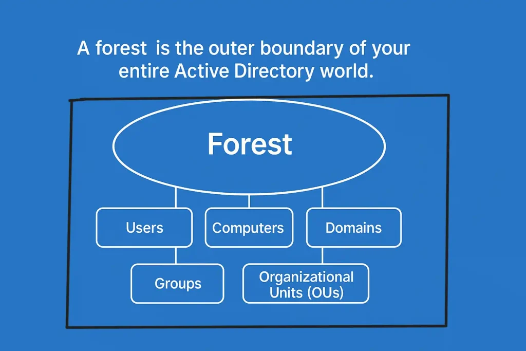 Diagram showing a Forest in Active Directory with Domains, Users, Computers, Groups, and OUs organized inside the forest boundary.