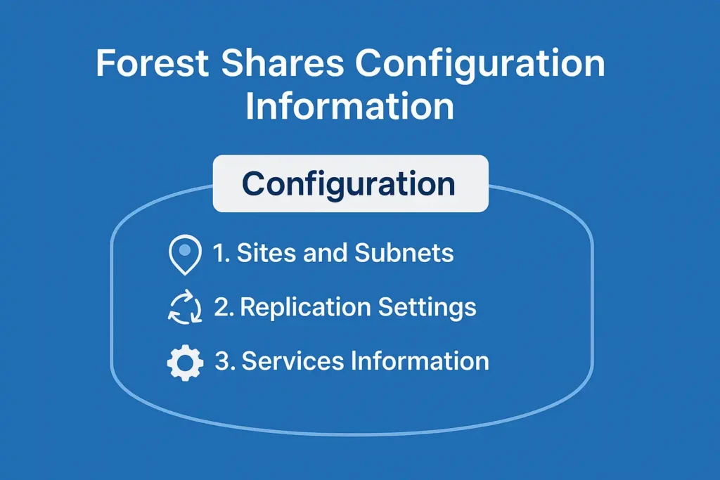 Diagram explaining how an Active Directory forest shares configuration information, including sites and subnets, replication settings, and services information.