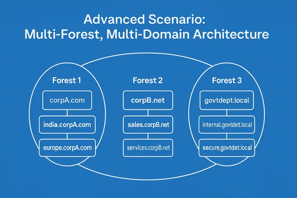 16:9 diagram showing three separate Active Directory forests, each with multiple domains, illustrating a multi-forest, multi-domain architecture.