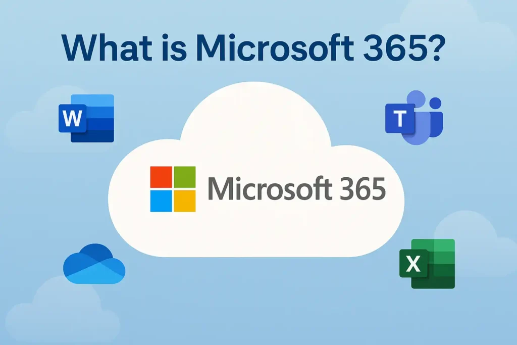 What is Microsoft 365? A Complete Beginner’s Guide 1 What is Microsoft 365? – Cloud graphic displaying Microsoft 365 logo with Word, Teams, OneDrive, and Excel icons around it.
