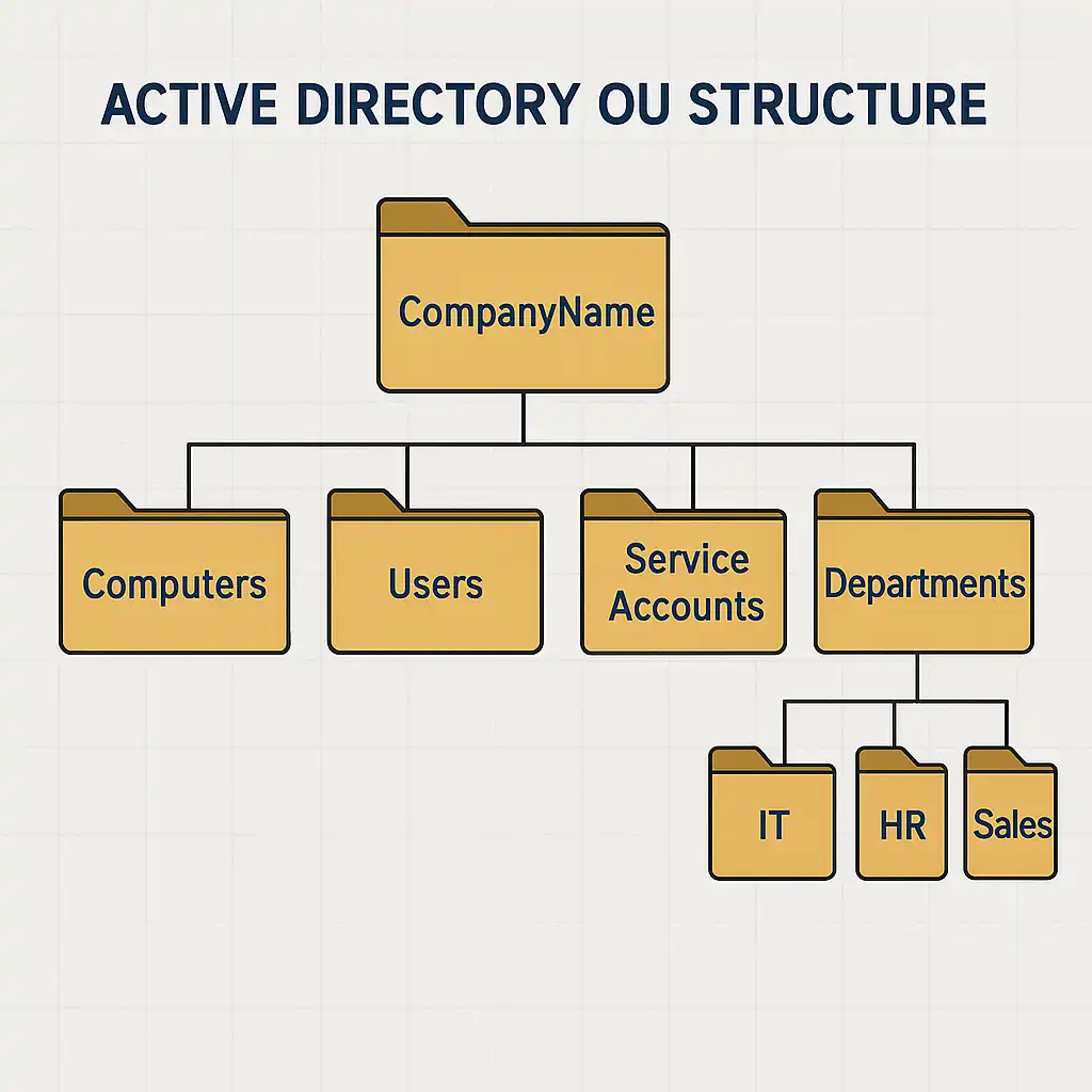 A 2D diagram showing an Active Directory OU structure with a top-level folder named “CompanyName” and subfolders for Computers, Users, Service Accounts, and Departments, which further contains IT, HR, and Sales.