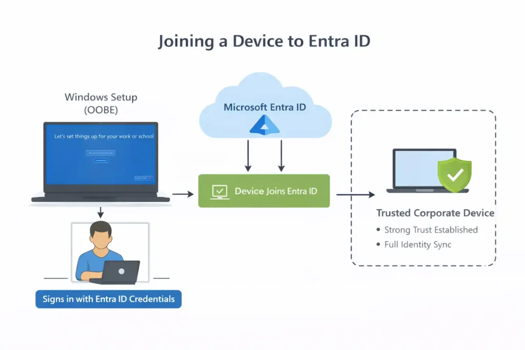Entra ID join process during Windows setup showing device trust establishment