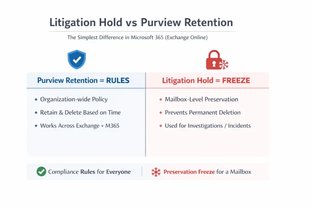 Litigation Hold vs Purview Retention comparison: Rules vs Freeze in Microsoft 365