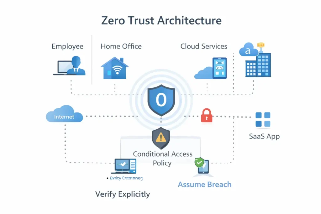 Zero Trust architecture diagram showing users, devices, and applications connected through identity-based Conditional Access policies instead of a trusted network perimeter.