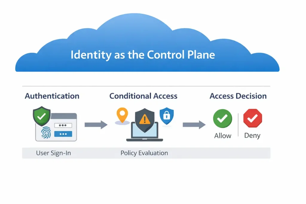 Top 15 Microsoft Entra ID Interview Questions and Answers. Diagram showing identity as the security control plane, where authentication feeds into Conditional Access policies to determine allow or deny access decisions.