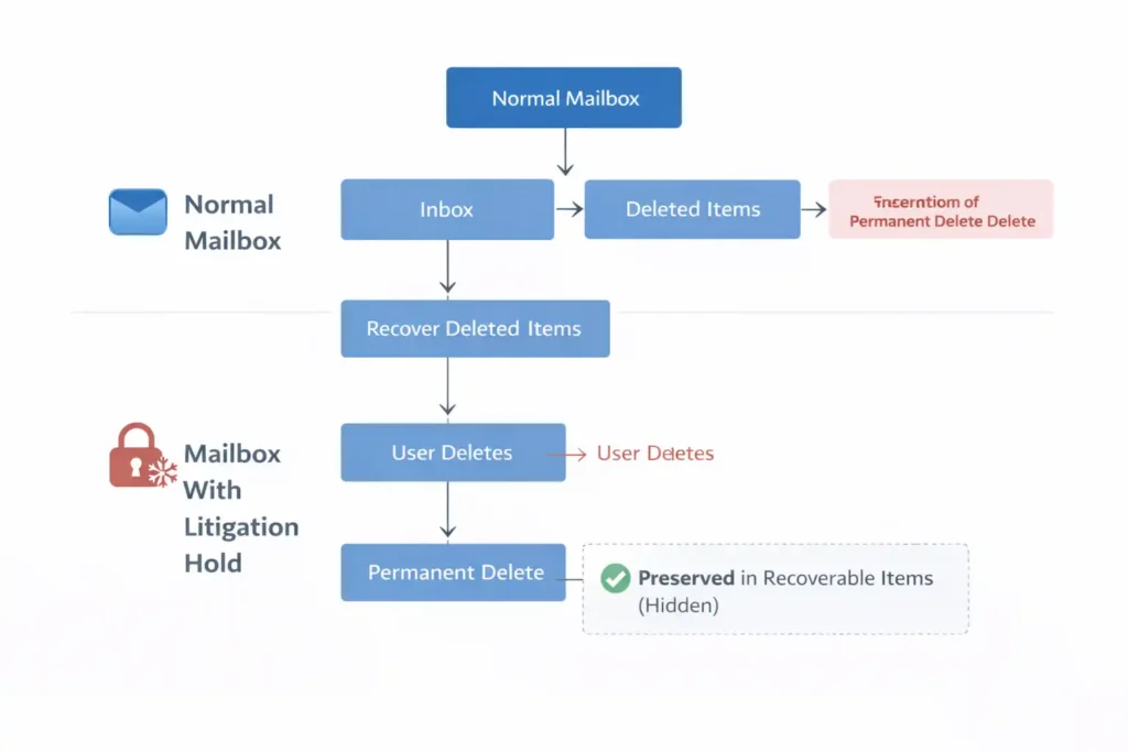 Exchange Online email deletion flow with and without Litigation Hold