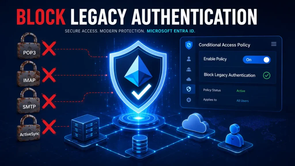 How to Block Legacy Authentication in Entra ID with Conditional Access 1 Featured image for a Microsoft Entra ID security guide titled Block Legacy Authentication in Entra ID. Illustration shows a glowing blue shield protecting cloud infrastructure, with red X marks blocking outdated protocols (POP3, IMAP, SMTP, ActiveSync), while a Conditional Access policy panel is displayed in the background. The text overlay prominently reads 'Block Legacy Authentication' at the top.