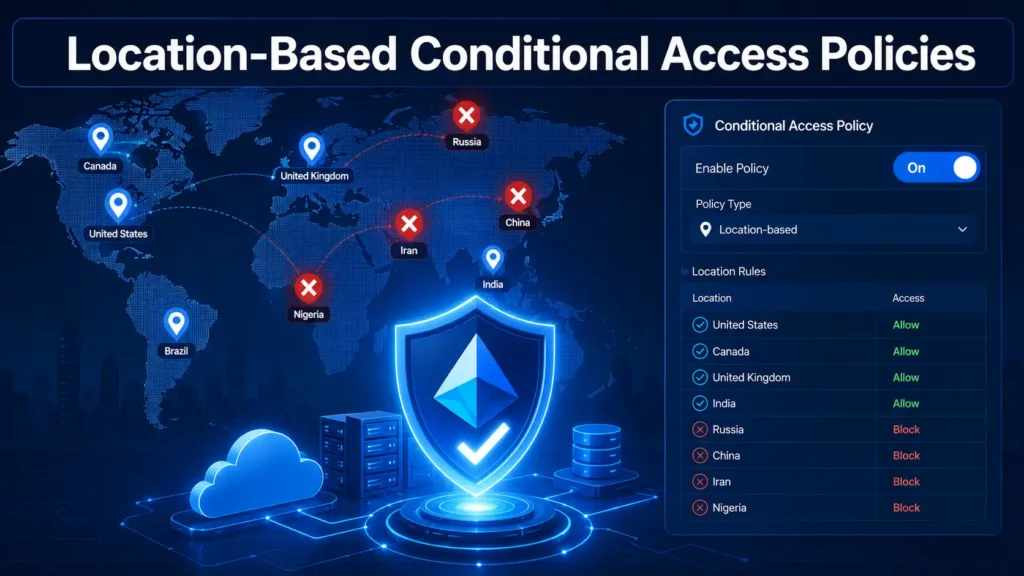 Featured image for a Microsoft Entra ID security guide titled How to Configure Location-Based Conditional Access Policies. Illustration shows a world map with location pins, a glowing blue shield protecting cloud infrastructure, and a Conditional Access policy panel displaying location-based access rules. The text overlay prominently reads 'Location-Based Conditional Access Policies' at the top.
