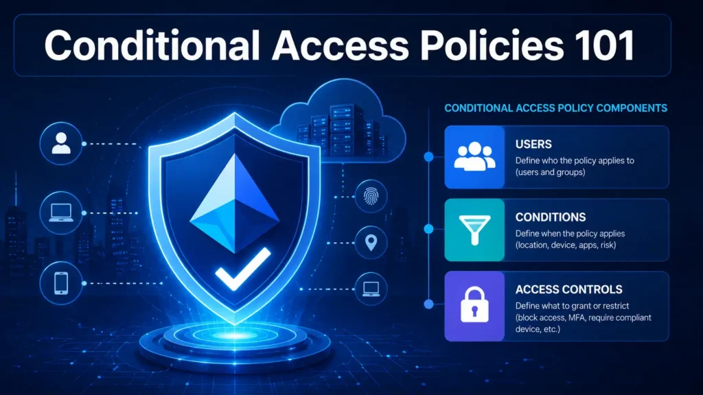 Conditional Access Policies 101: A Beginner's Guide to Zero Trust 5 Featured image for a Microsoft Entra ID security guide titled Conditional Access Policies 101: A Beginner's Guide to Zero Trust. Illustration shows a modern digital shield with a checkmark protecting cloud infrastructure, with Conditional Access policy components displayed as building blocks. The text overlay prominently reads 'Conditional Access Policies 101' at the top.
