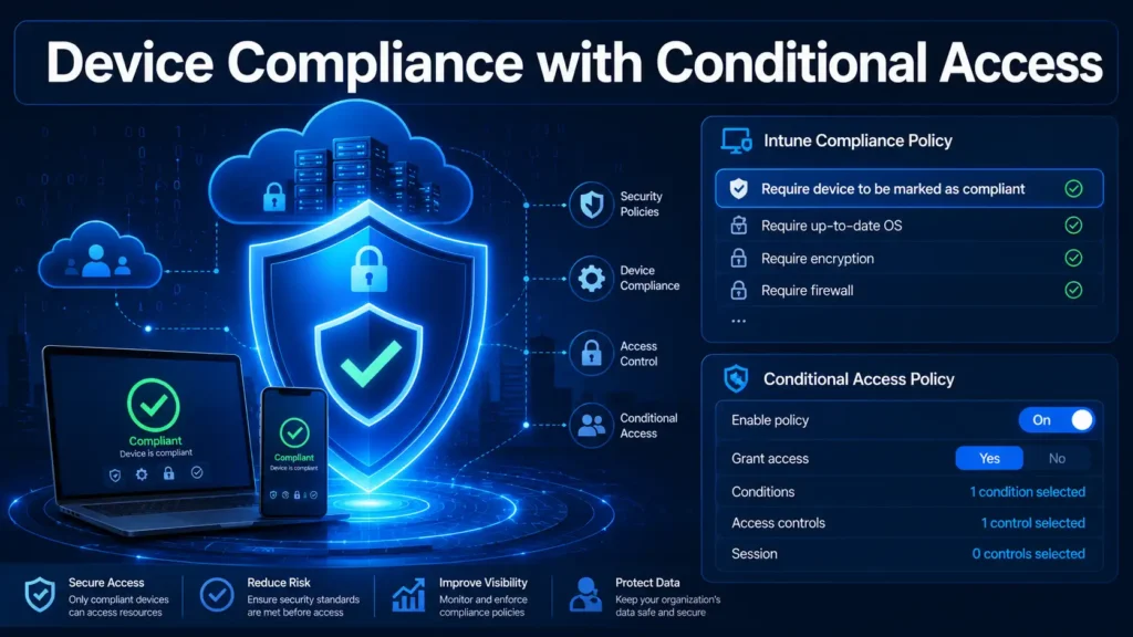 Featured image for a Microsoft Entra ID security guide titled Implementing Device Compliance with Conditional Access and Intune. Illustration shows a glowing blue shield protecting cloud infrastructure, with a mobile device and laptop displaying a green compliant checkmark. An Intune compliance policy panel and Conditional Access policy toggle are shown in the background. The text overlay prominently reads 'Device Compliance with Conditional Access' at the top.