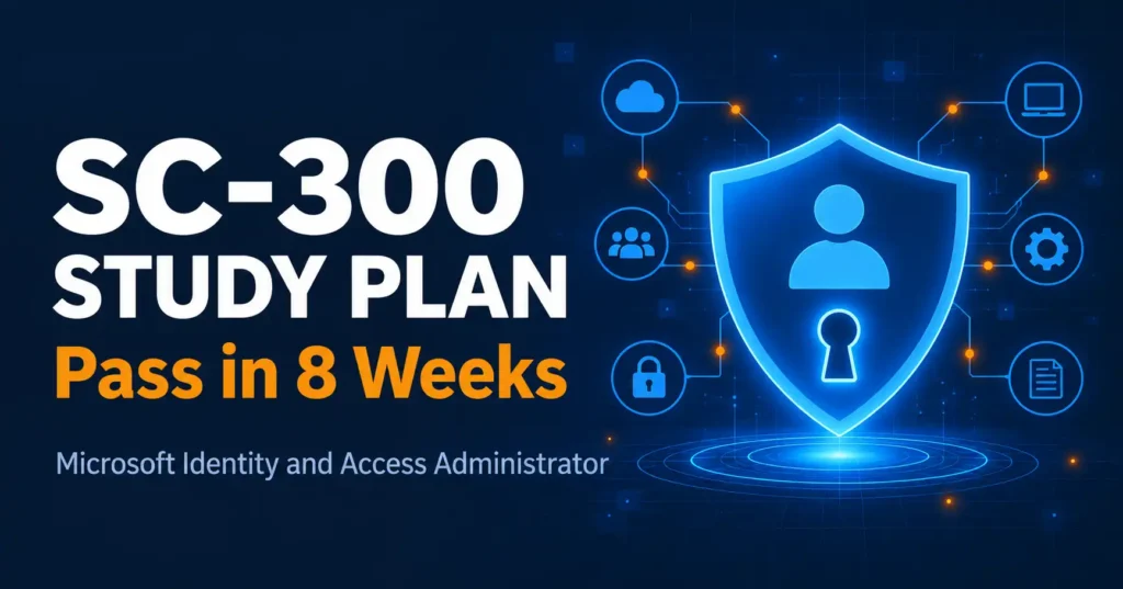 SC-300 Exam Guide: Skills Measured, Study Plan and Free Resources 1 SC-300 Exam Guide – Pass in 8 Weeks, featuring a glowing blue cybersecurity shield with user and keyhole icons on a dark navy technology background.
