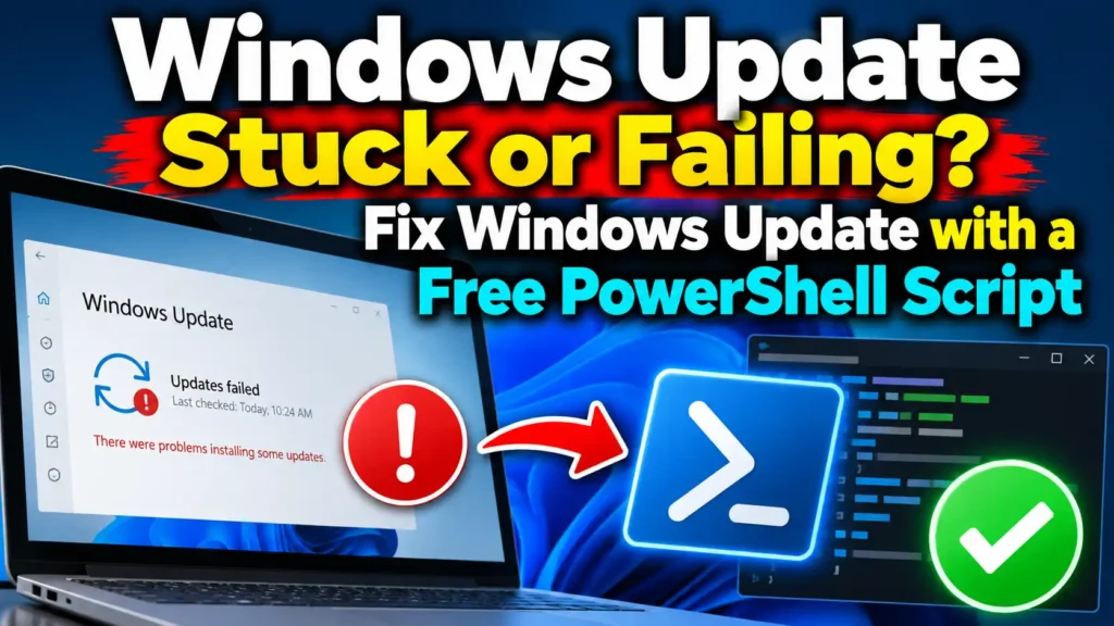 Windows Update stuck or failing? Fix Windows Update using a free PowerShell script on Windows 11.